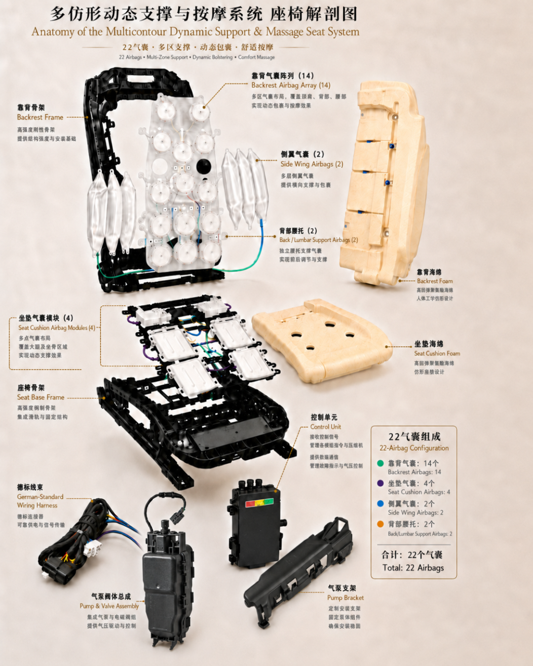 Exploded view of the multi-contour dynamic support and massage system